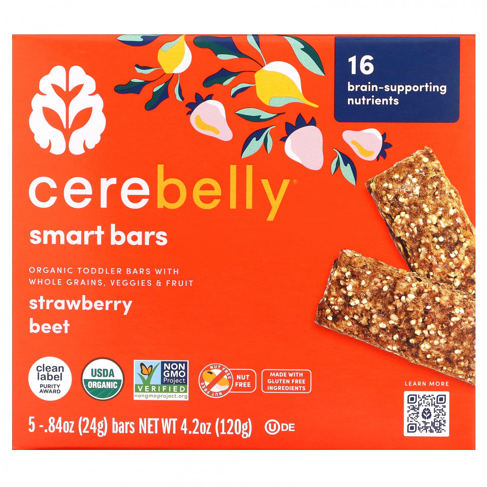   Cerebelly, Smart Bars, Organic Toddler Bars, Strawberry Beet, 5 Bars, 0.84 oz (24 g) Each   -     , -,   
